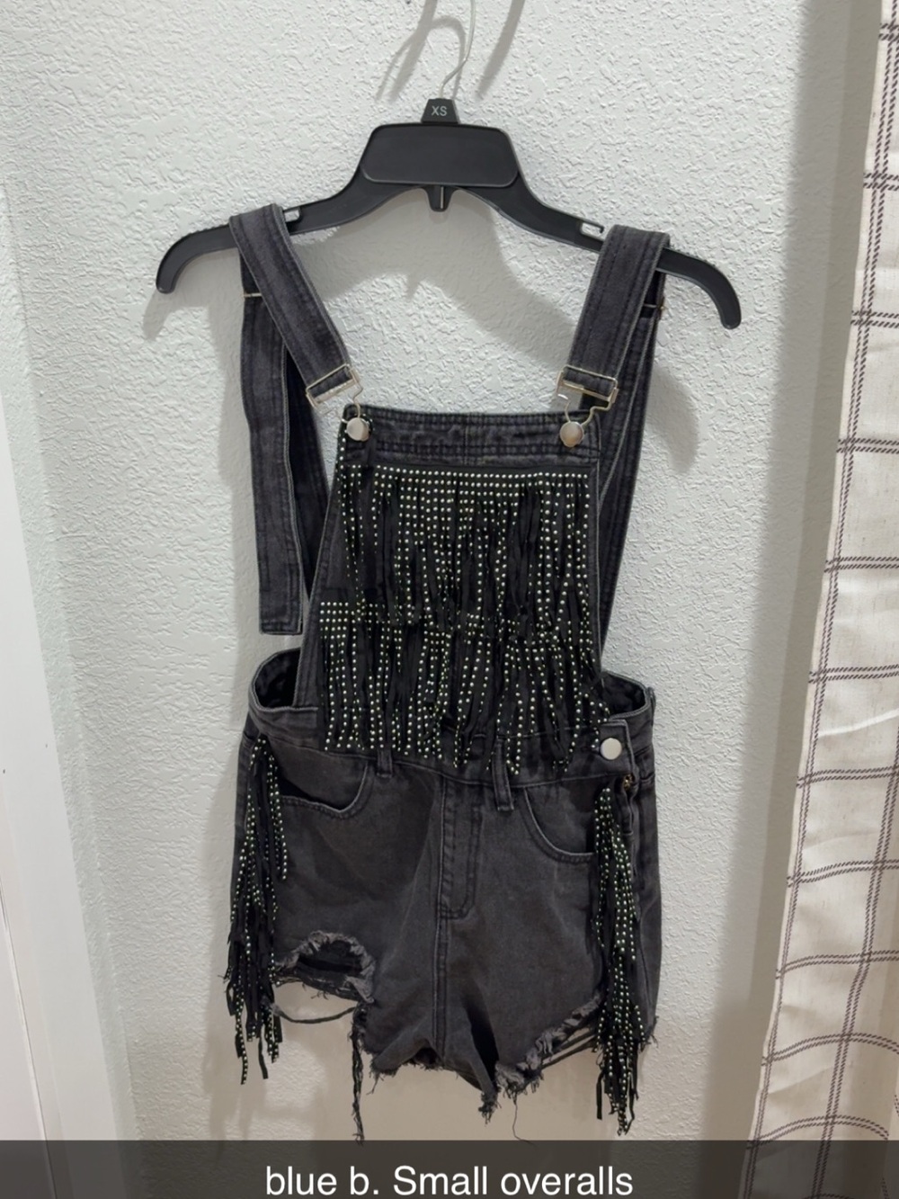 blue b. Black Distressed Denim Short Overalls with Fringe